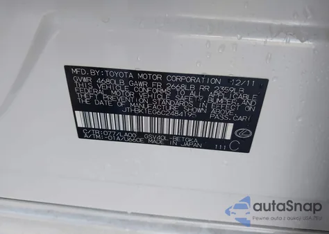 2012 Lexus Es 350 z USA, uszkodzony, nr VIN JTHBK1EG6C2484195